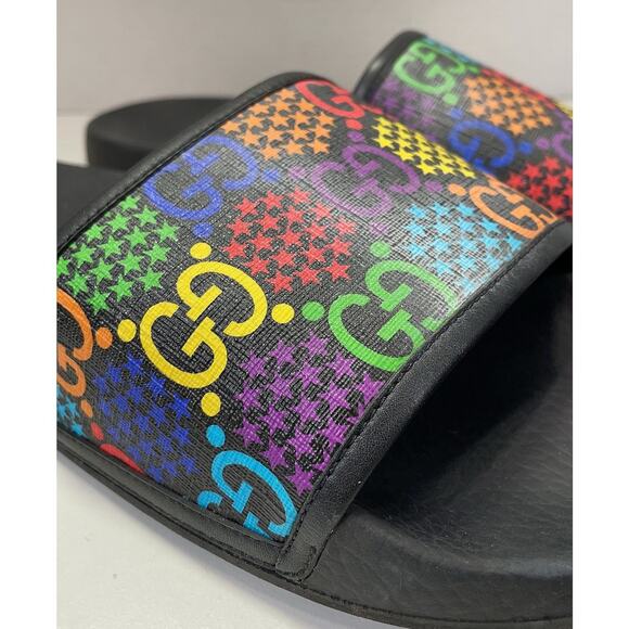 AUTH GUCCI GG Monogram Psychedelic Slides Sandals Black Multicolor Sz 10 EUC - Picture 4 of 5